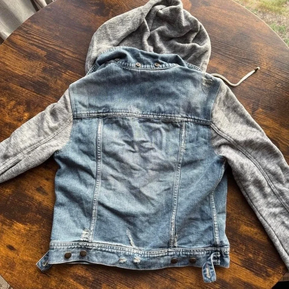 Free People Denim Hoodie Jacket Distressed Blue Gray Layered Small